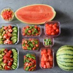 Meal prep with various watermelon cuts/meals, mini watermelon and wedge of watermelon included