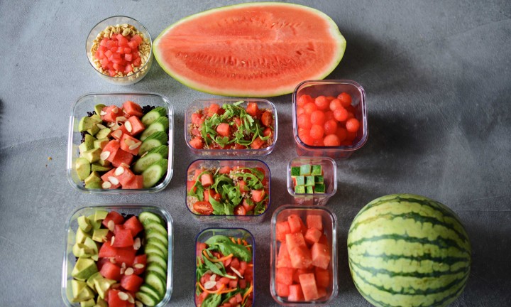 Meal prep with various watermelon cuts/meals, mini watermelon and wedge of watermelon included