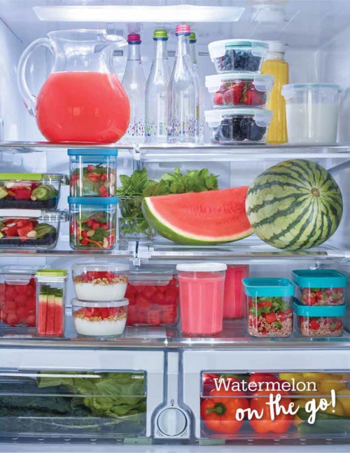 Media Kit 2018 - Open refrigerator view with various watermelon meals, juice and mini watermelon among other fruits and vegetables