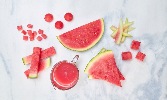 Various watermelon cuts; sticks slices, chunks, diced, balls, rind, wedge and juice