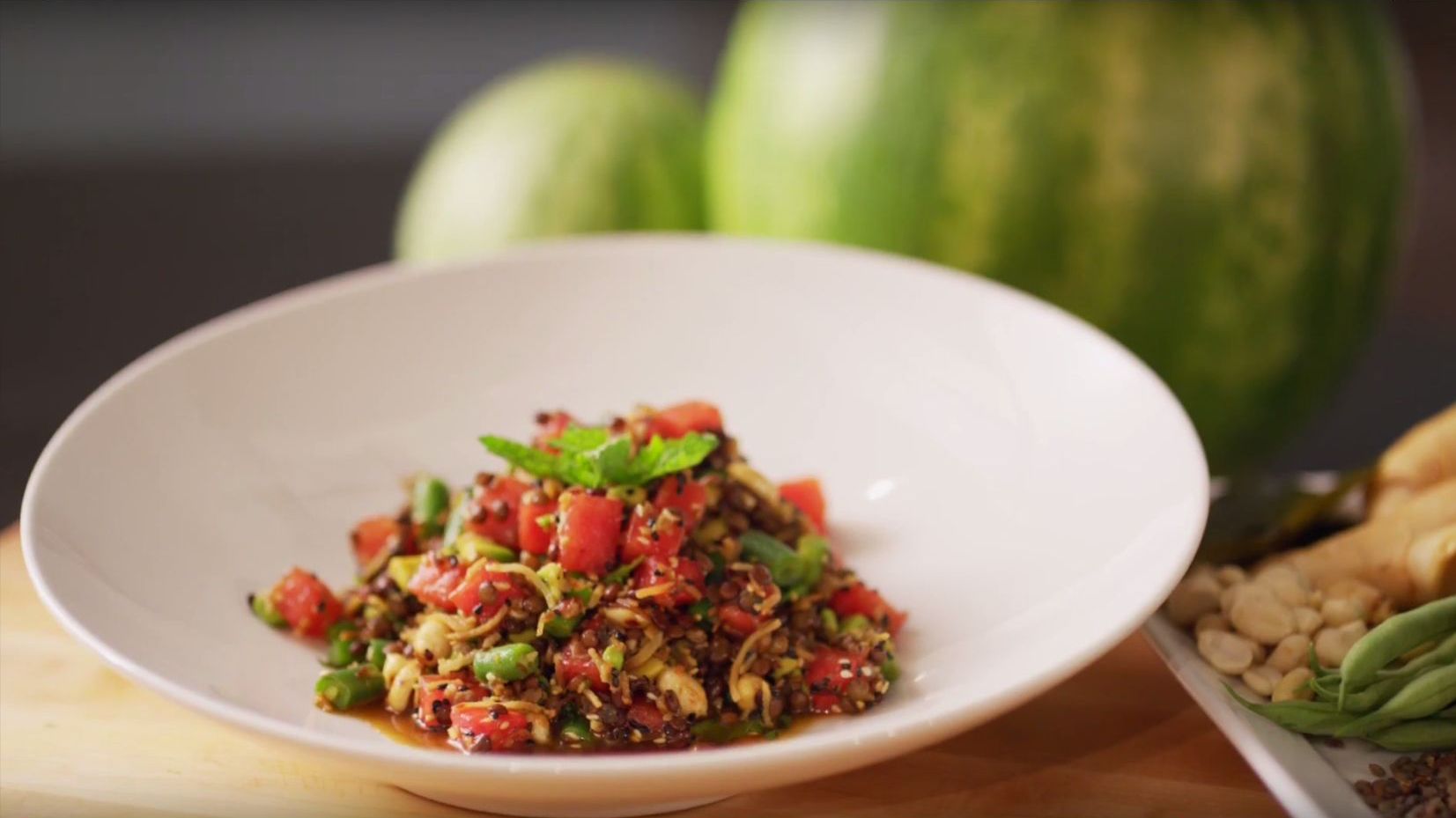 Burmese Watermelon Salad in a white bowl