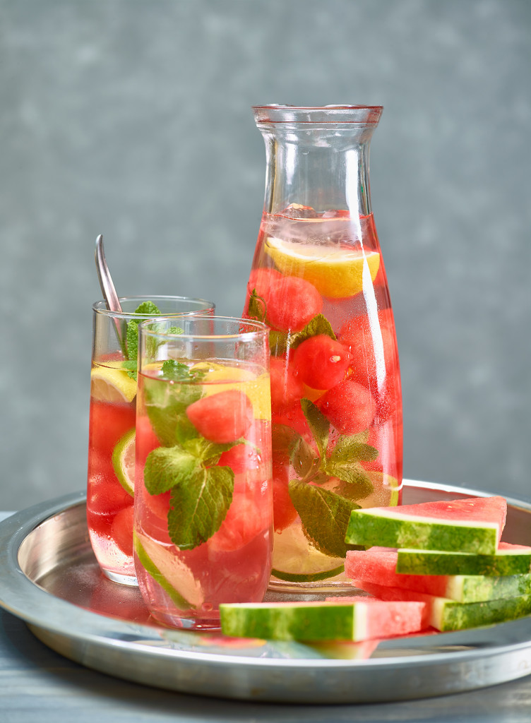 Infused water with watermelon and herbs