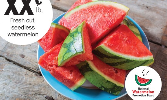 sample ad - watermelon slices on blue plate on wooden table with watermelon logo bottom right. Top left, sample ad (price & description)