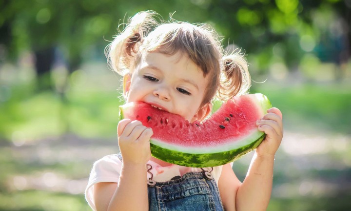 young girl eating watermelon wedge. Girl wearing overalls, has pigtails. Greenery in background