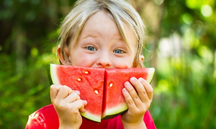 child with two watermelon triangular cuts held in front of mouth. Greenery in background
