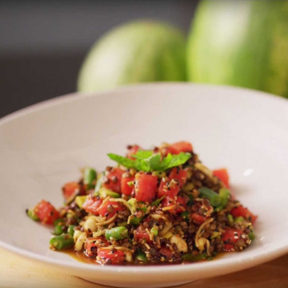 Burmese Watermelon Salad in white bowl