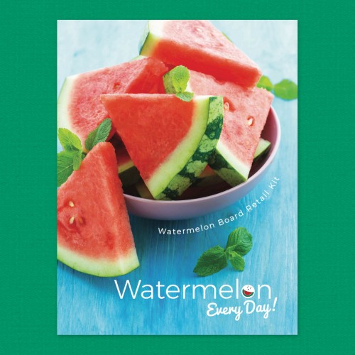 Retail Kit cover - watermelon slices in bowl and one on side, garnished with mint, blue background. Retail Kit set over green background