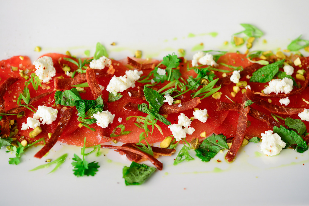 Watermelon Carpaccio with Fried Prosciutto and Basil Oil