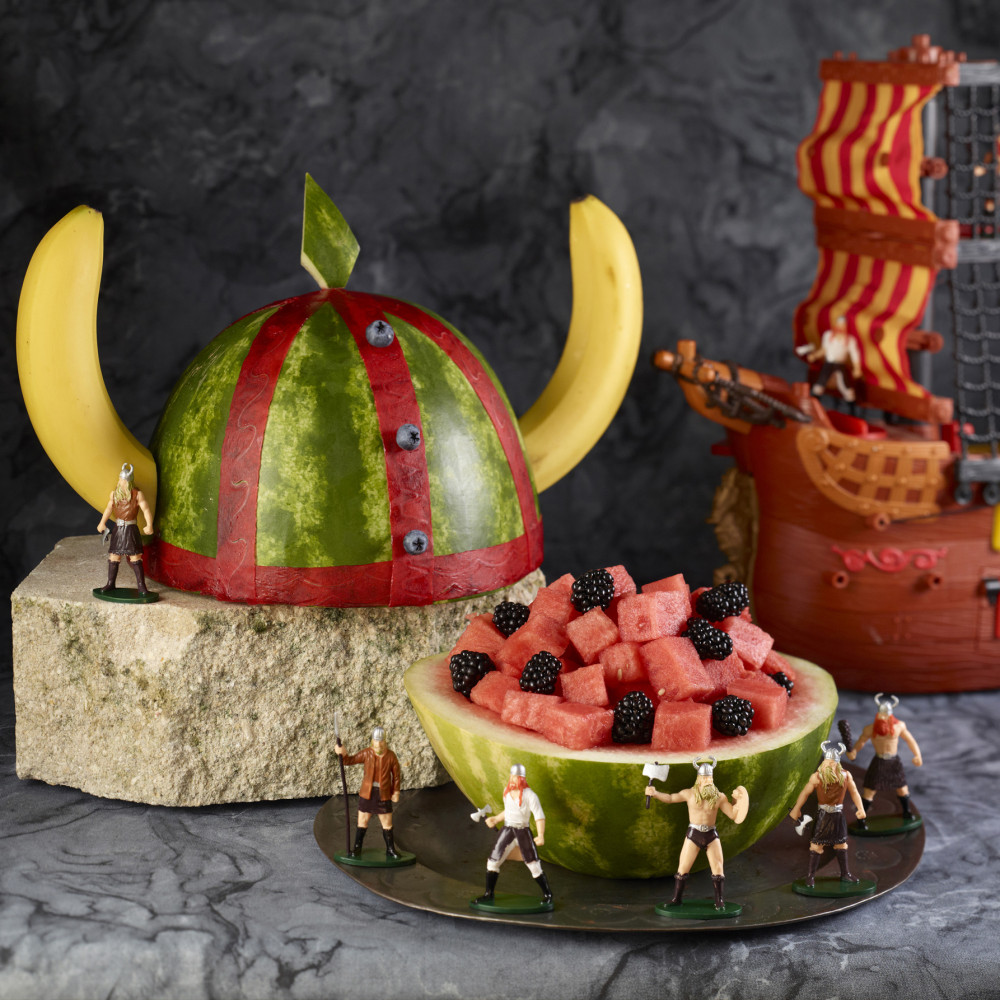 watermelon viking helmet with bananas