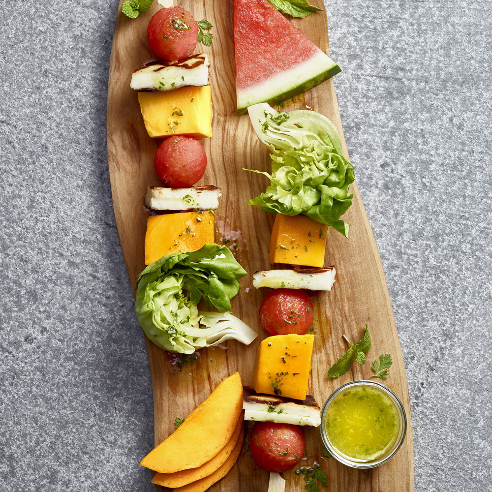 Two salad skewers overhead view