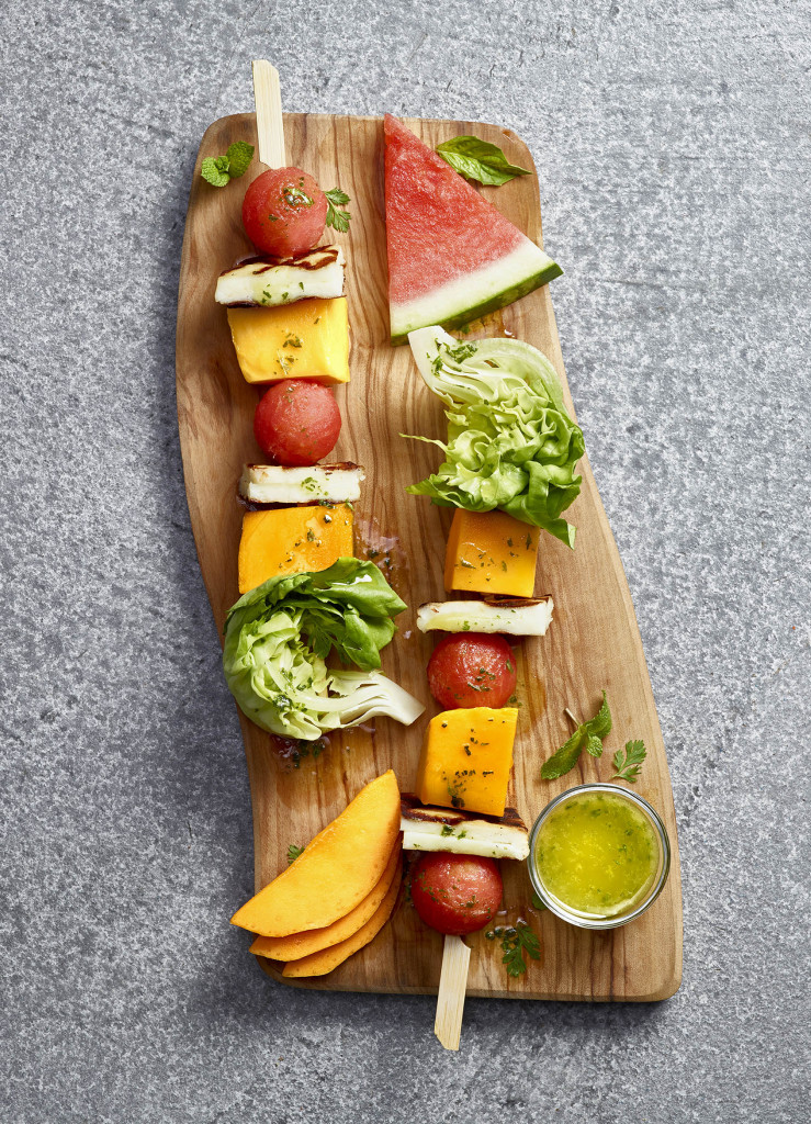 Two salad skewers overhead view