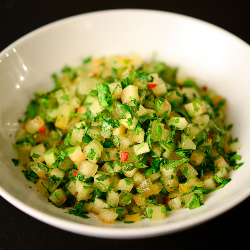 North African Watermelon Chutney in white serving bowl.