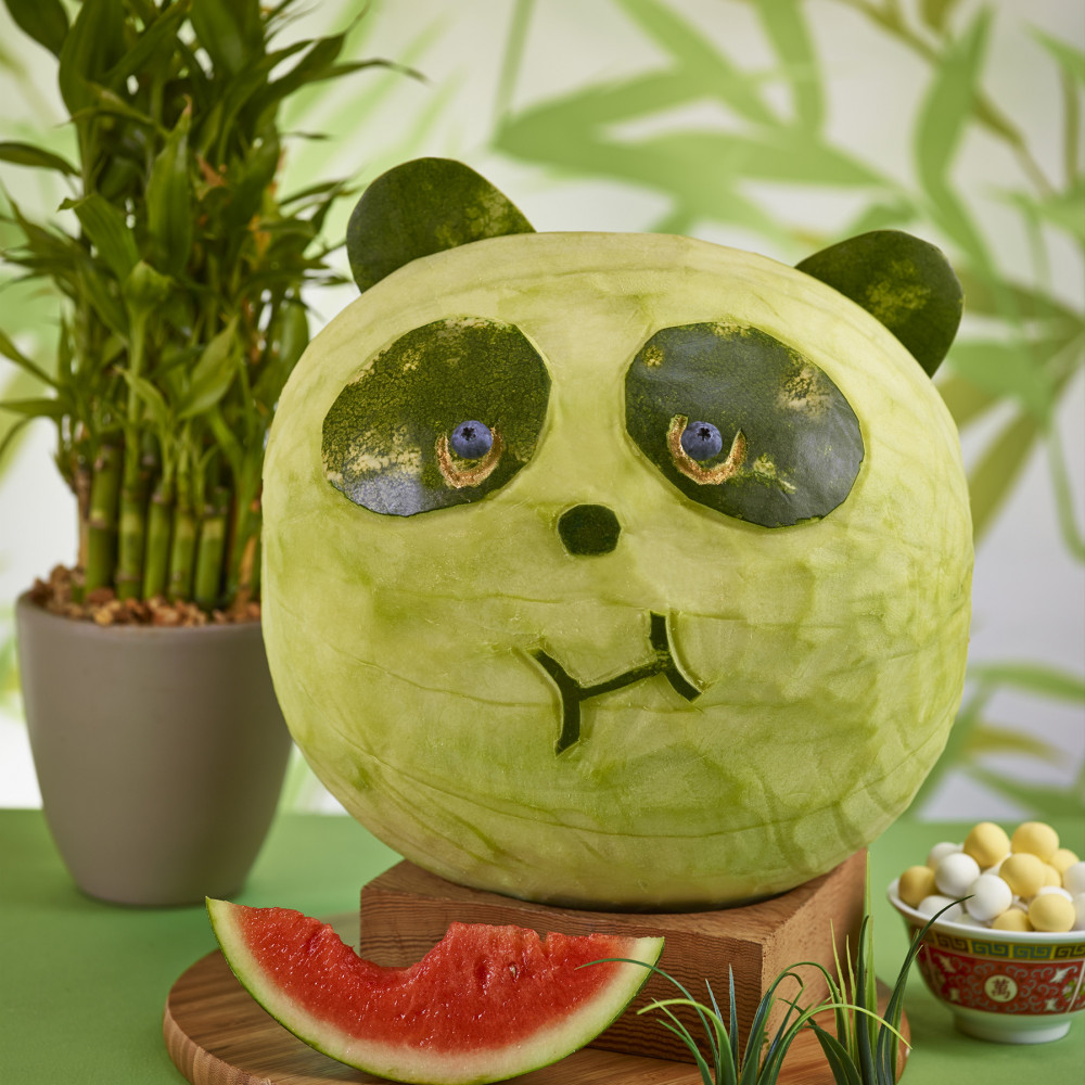 Watermelon carved like the head of a panda