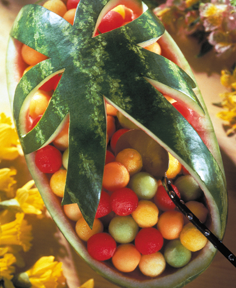 Ribbon Basket with watermelon balls inside basket/bowl.