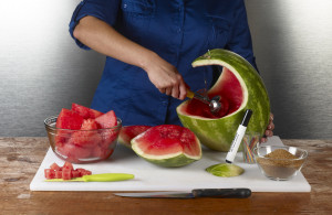 In Process photo for Surf Wave, shown, scooping out watermelon.