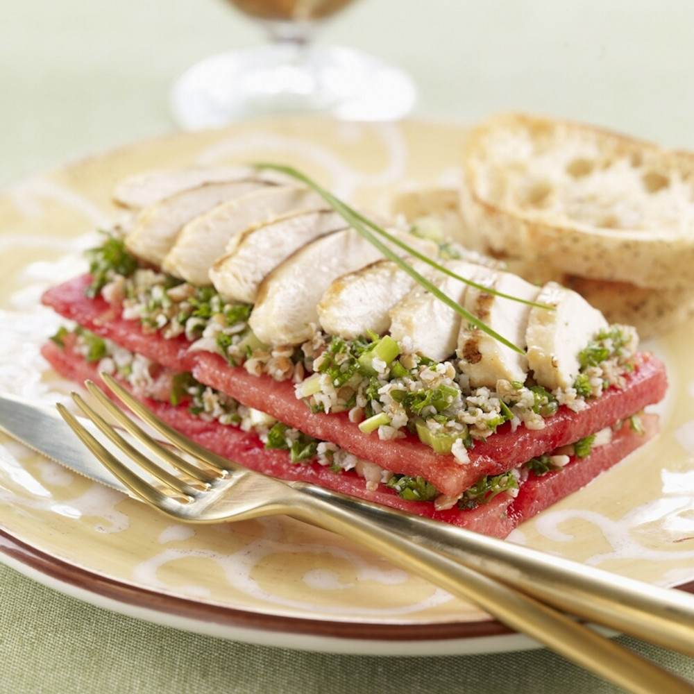 Serving of watermelon tabouli stacks