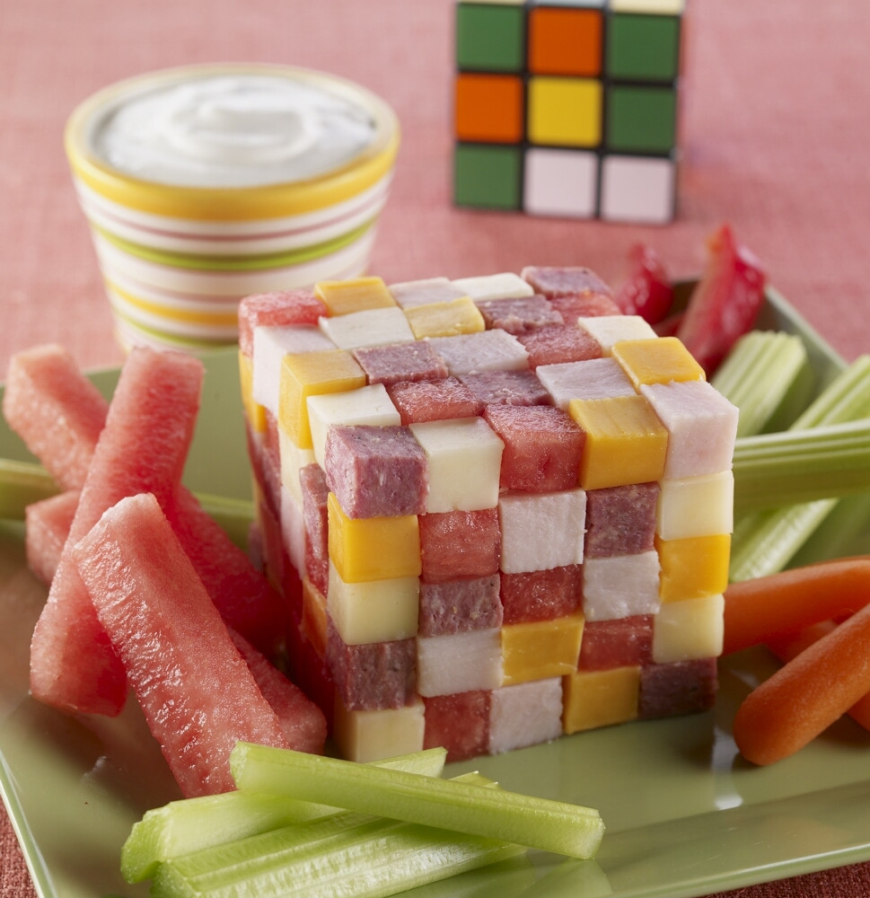 A fully constructed watermelon rubik's cube
