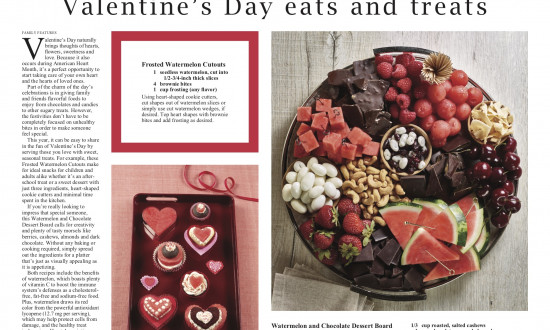 Ad for Valentine's Day with watermelon, fruit, chocolate, nuts