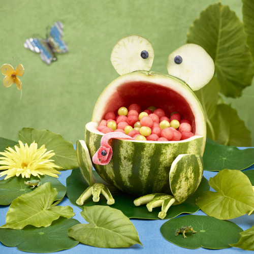 Watermelon frog carving with lily pads