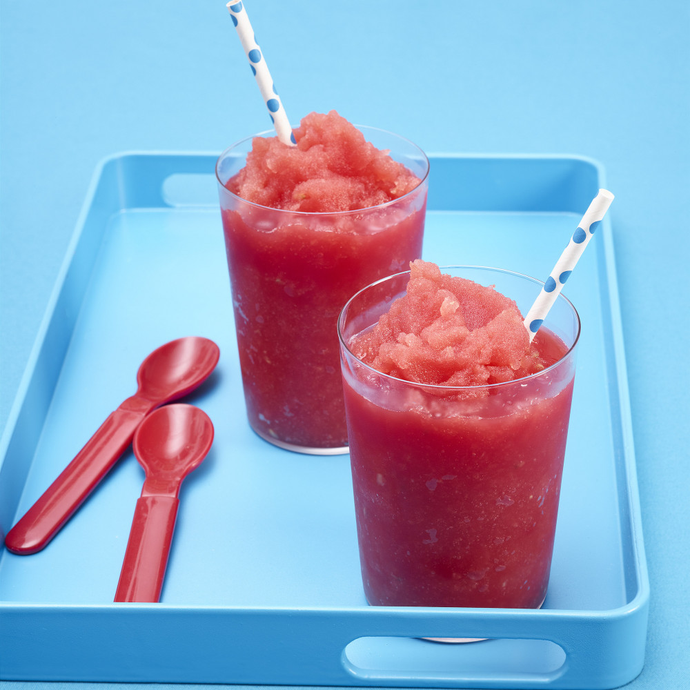 Watermelon slushy on blue tray