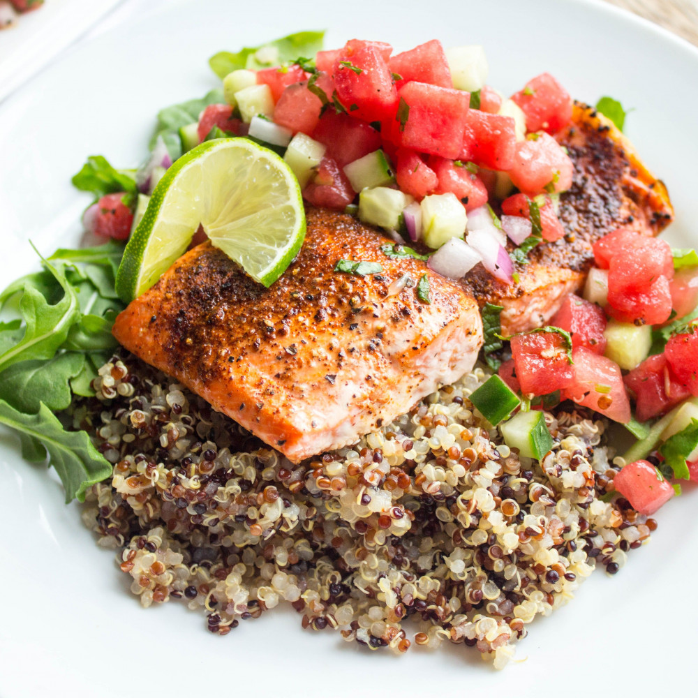 Salmon on a bed of quinoa and watermelon salsa