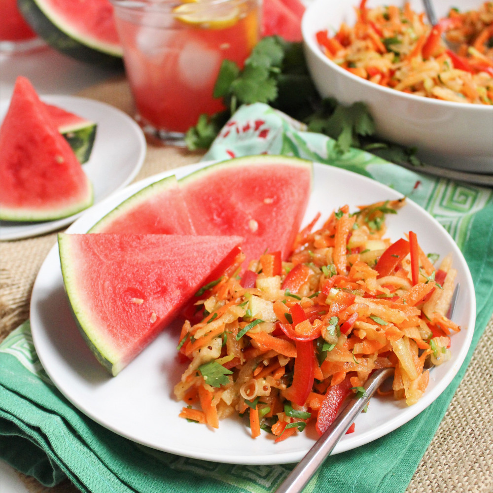 rind coleslaw on plate with watermelon wedges