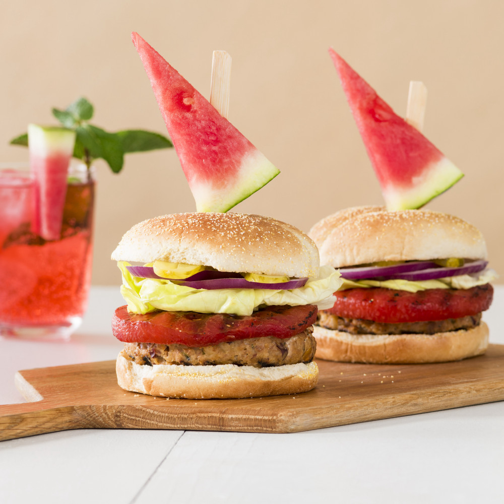 Grilled Watermelon Burgers with Watermelon Wedge Garnish