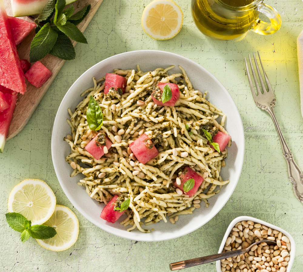 Minty Trofie Al Pesto with a Sprinkle of Watermelon in a Bowl