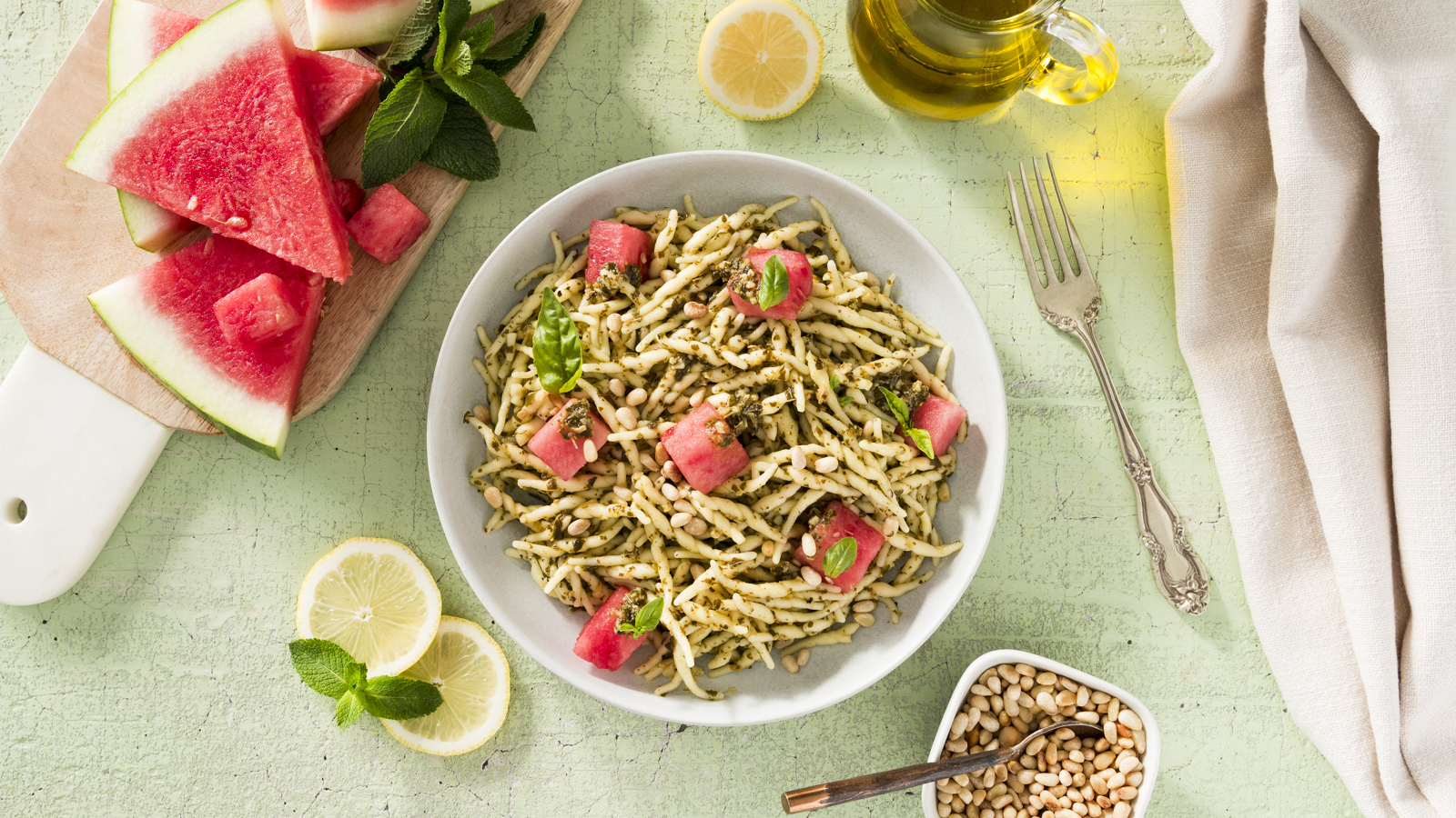 Minty Trofie Al Pesto with a Sprinkle of Watermelon in a Bowl