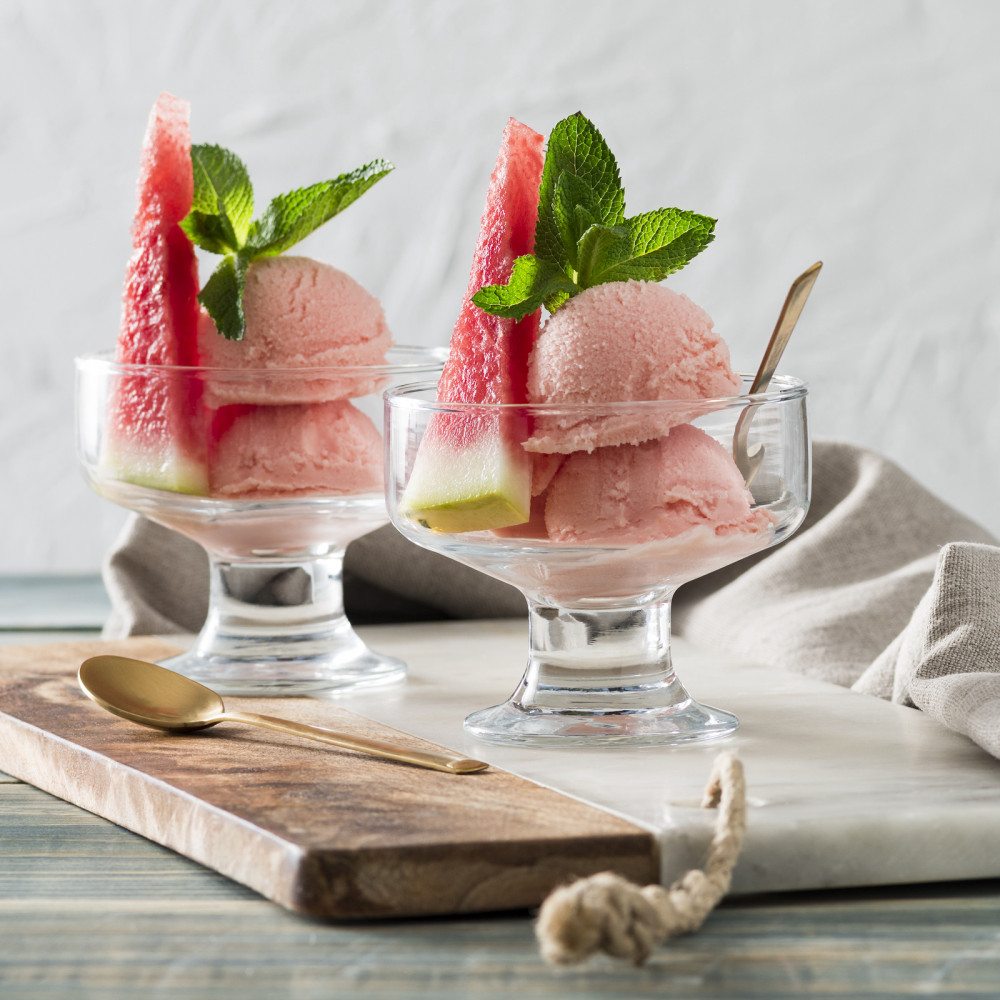 Watermelon Gelato in Clear Serving Bowls