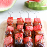 front view of grilled sausage and watermelon kebob