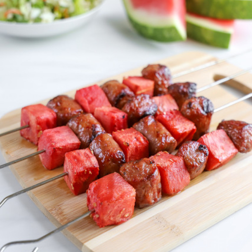 grilled watermelon and sausage kabobs