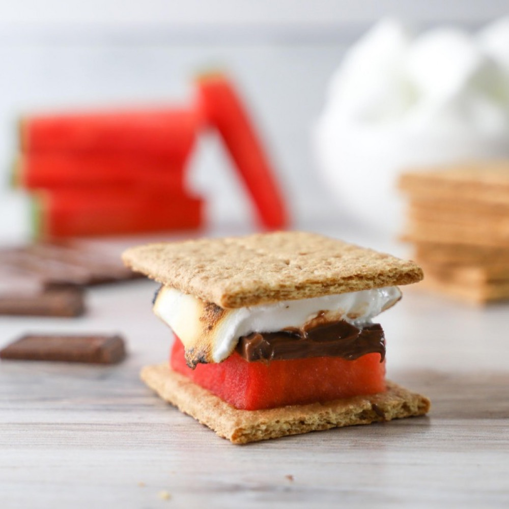 watermelon with chocolate marshmallow on graham crackers