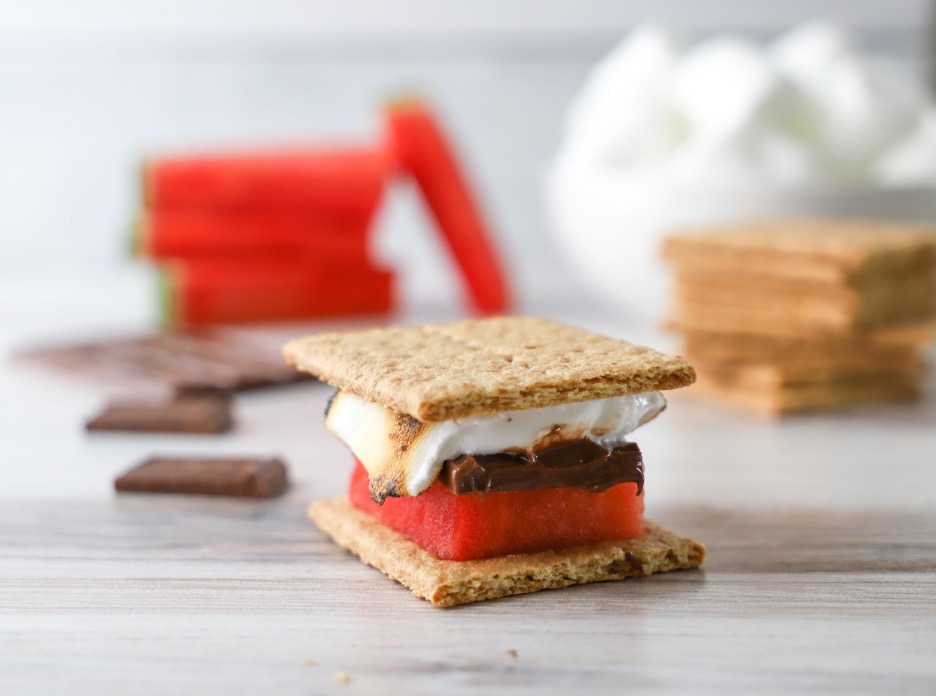 watermelon with chocolate marshmallow on graham crackers