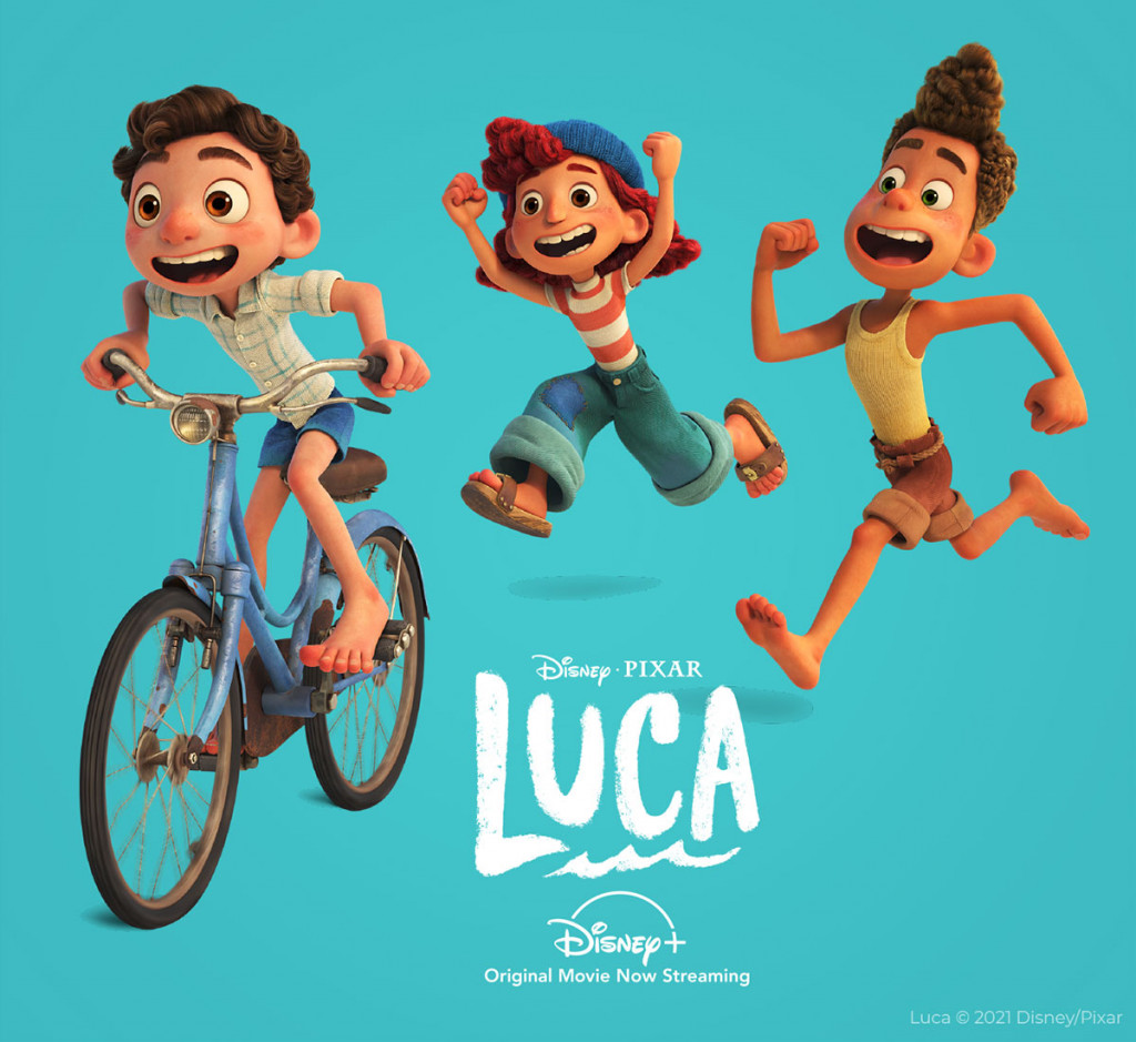 Disney Pixar's Luca characters Giulia and Alberto chasing Luca as he rides a bike.