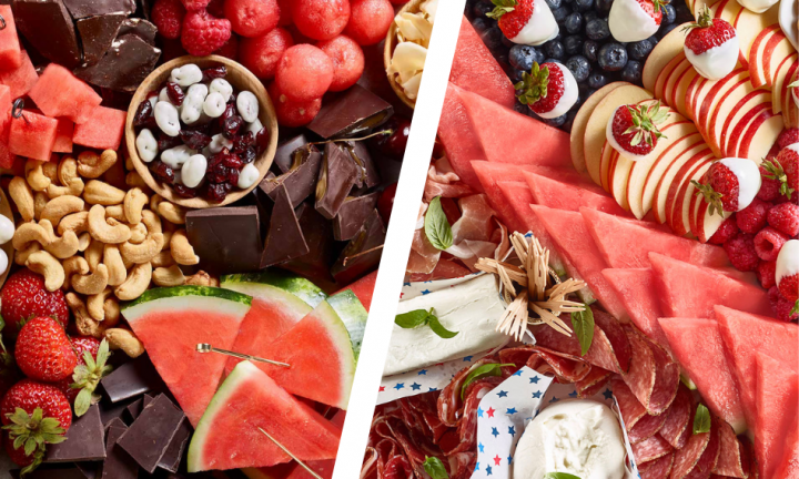 two versions of snack board with watermelon