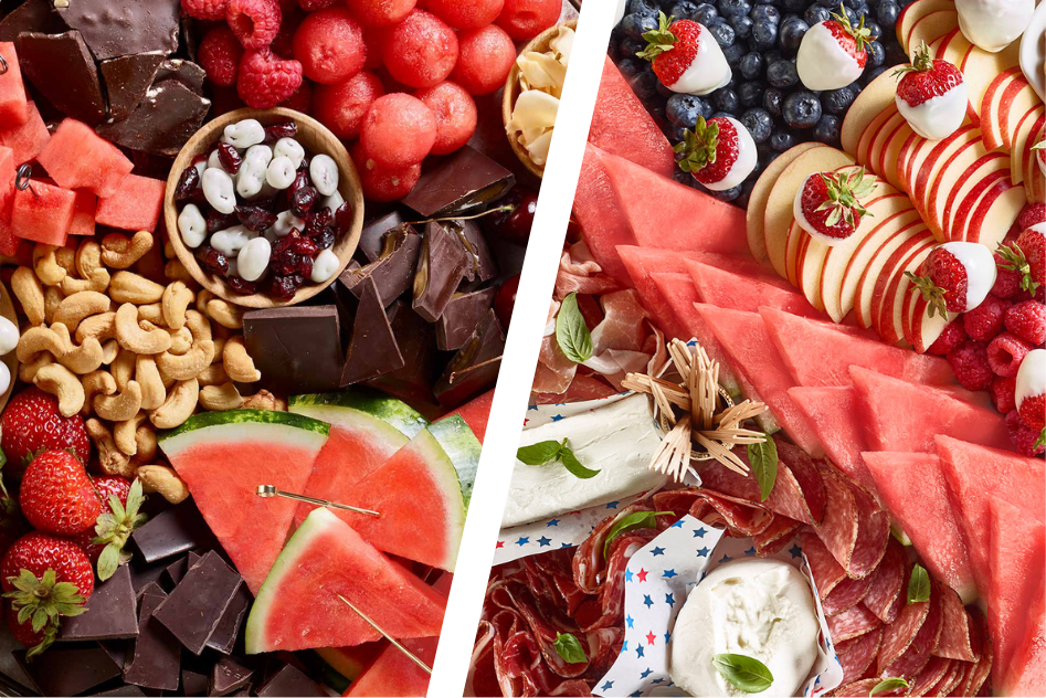 two versions of snack board with watermelon