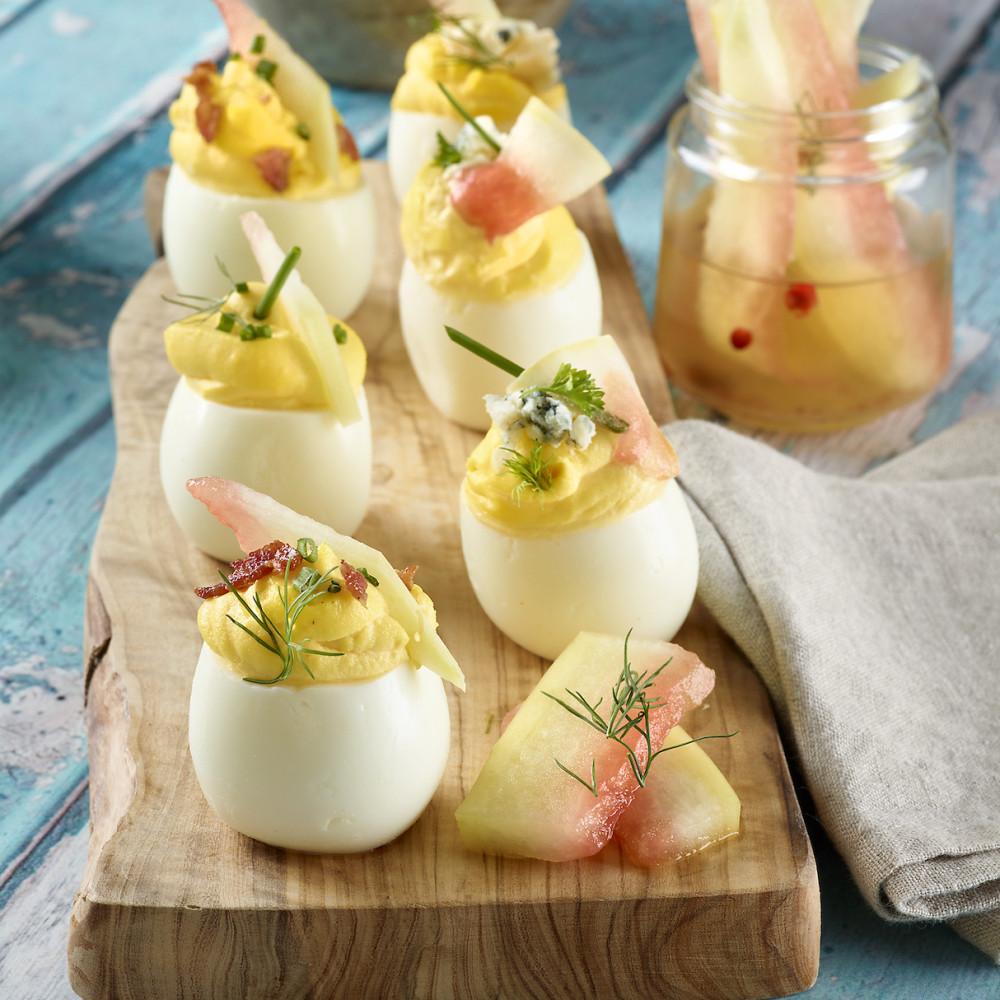 Deviled Eggs with Watermelon Dill Pickles