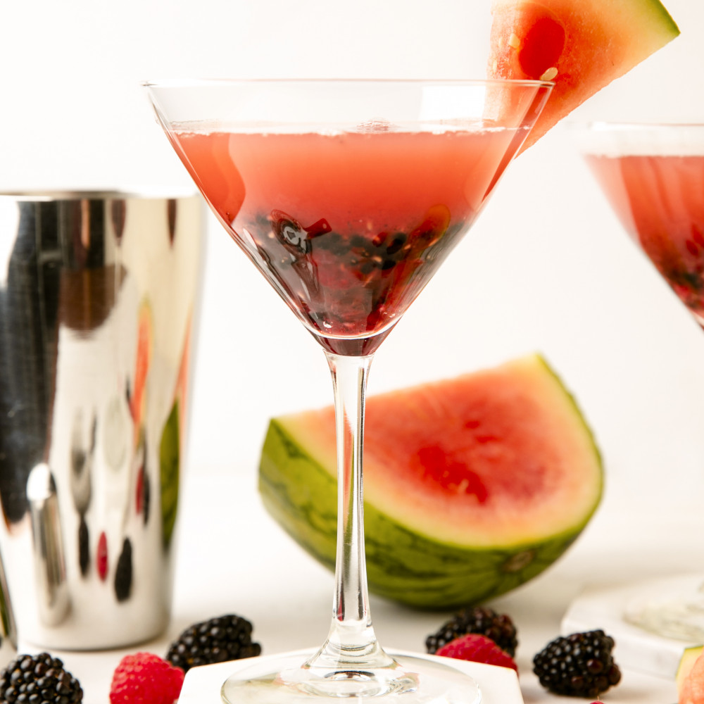watermelon blackberry martini, garnished