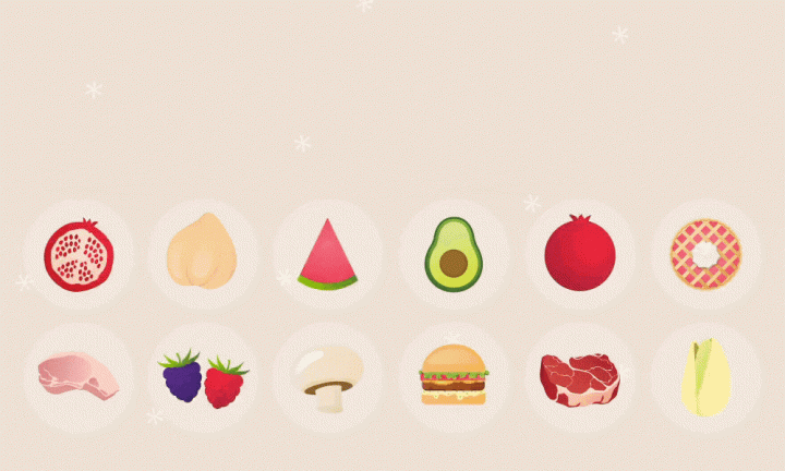 Animated fruits and vegetables smiling surrounding a slice of watermelon