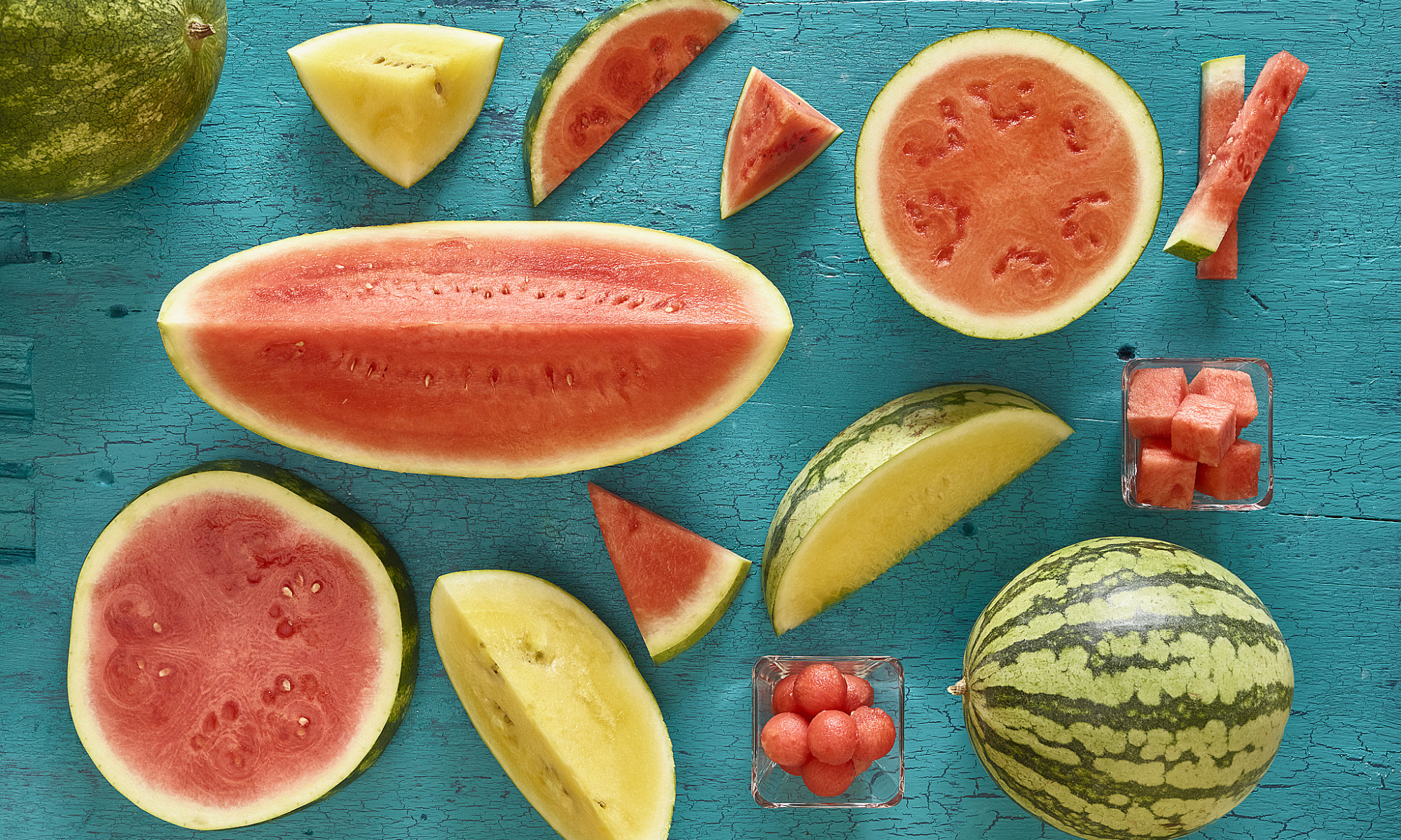 watermelon cut/varieties on aqua background