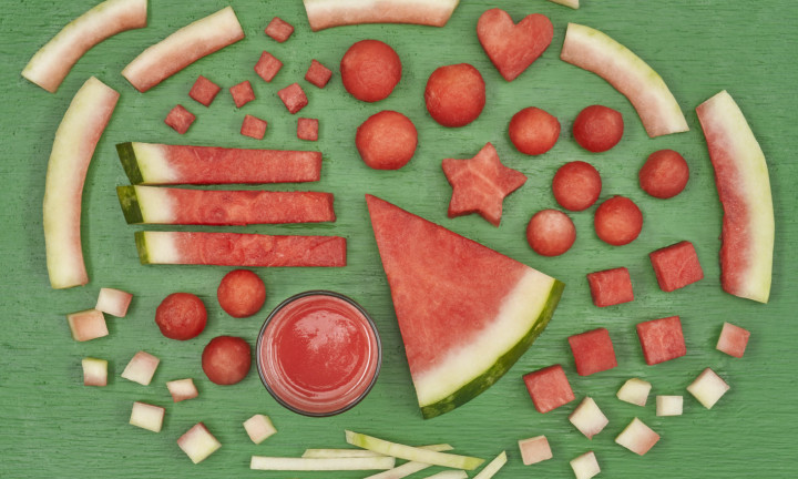 Watermelon cut butchery-style on a green board