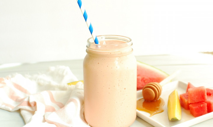protein shake with honey, cubed watermelon