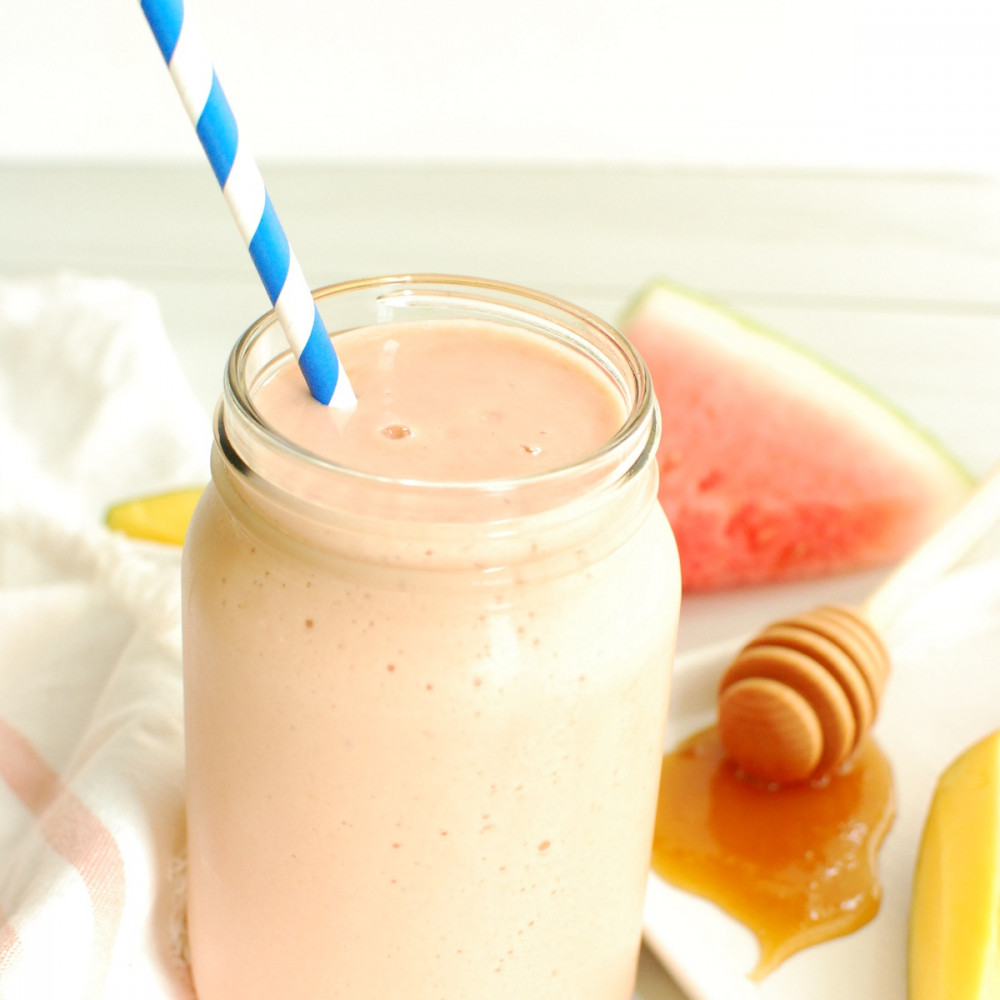 protein shake with watermelon wedge