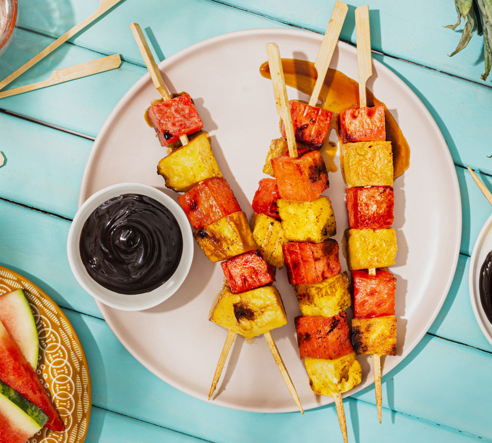 watermelon and pineapple skewers with chocolate sauce