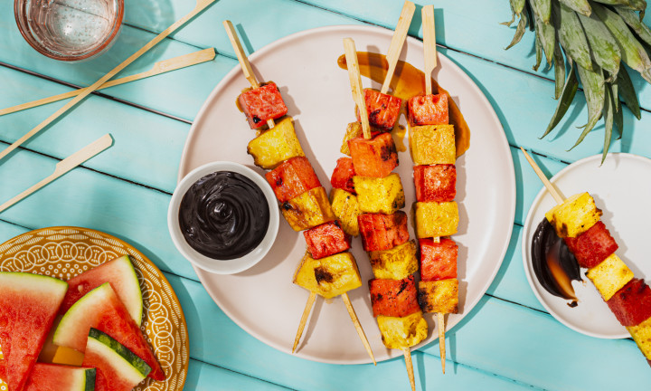 watermelon and pineapple skewers with chocolate sauce