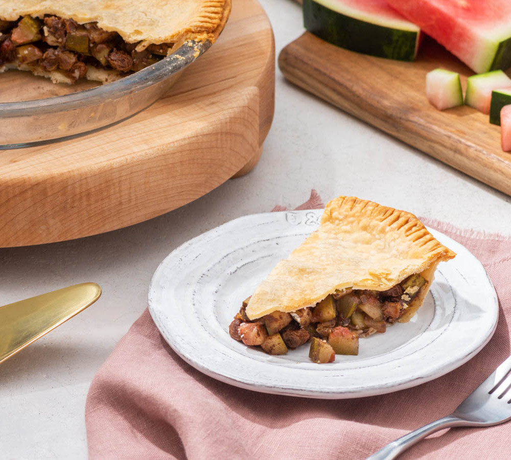 watermelon rind pie on a platter and plate