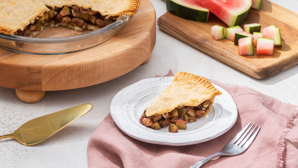 watermelon rind pie on a platter and plate