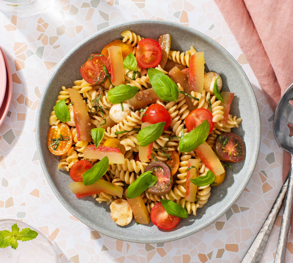 pasta with watermelon rind, tomatoes and cheese