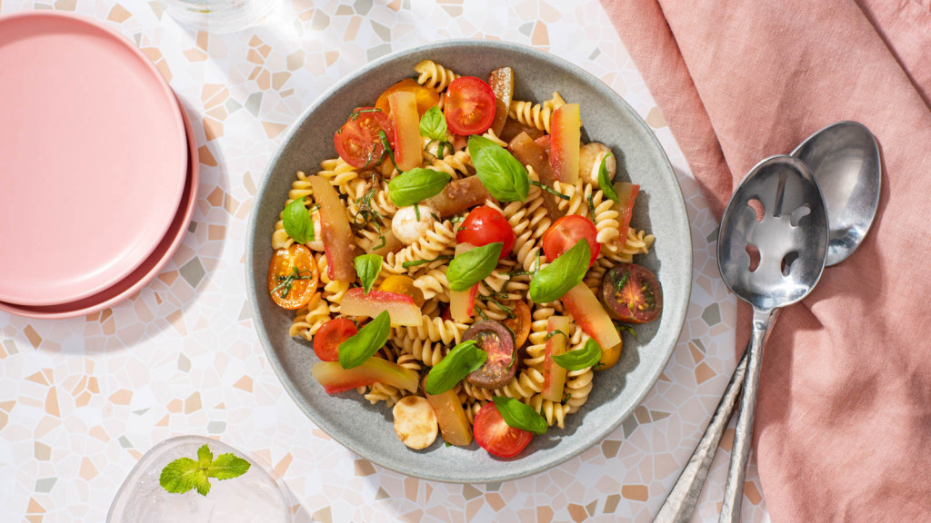 pasta with watermelon rind, tomatoes and cheese